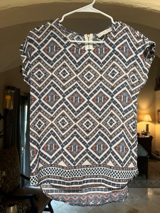 Pink Republic Tops - Pink Republic Navy, White & Rust Geo Print Short Sleeve Blouse